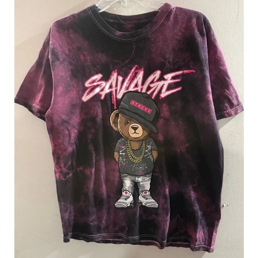 Vibes T Shirt Mens Large Purple Tie Dye Savage Big Bear Graphic Short Sleeve